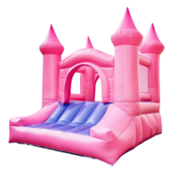Vibrant pink inflatable castle bounce house with blue slide isolated on transparent background png