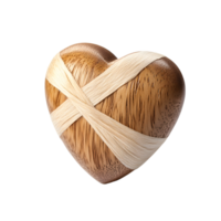 Wooden heart shape with natural fiber bandages isolated on transparent background png