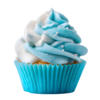Close up of a delicious blue and white frosted cupcake with sprinkles isolated on transparent background png