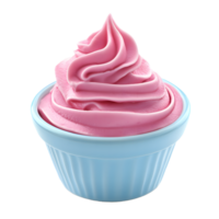 A swirl of pink soft serve ice cream in a light blue fluted bowl isolated on transparent background png