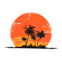 Tropical island with palm trees silhouetted against a vibrant sunset isolated on transparent background png
