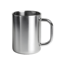 Shiny metallic stainless steel mug with a comfortable handle isolated on transparent background png