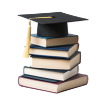 Stack of academic books topped with a graduation cap and tassel isolated on transparent background png