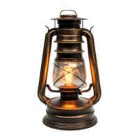 Antique kerosene lantern with a glowing edison bulb and brass finish isolated on transparent background png