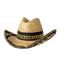 Traditional woven straw sombrero with black and gold decorative band isolated on transparent background png