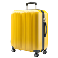 Bright yellow modern suitcase with a retractable handle and spinner wheels isolated on transparent background png