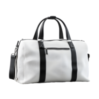 Stylish white duffel bag with black accents and shoulder strap isolated on transparent background png