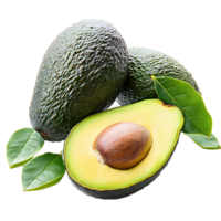Fresh ripe avocados with green leaves isolated on transparent background png