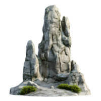 Jagged grey rock formation with green moss and small bushes isolated on transparent background png