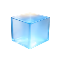 A translucent blue cube with a glossy surface and bright light reflections isolated on transparent background png