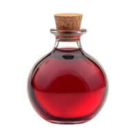 A round glass bottle filled with a deep red liquid and sealed with a cork stopper isolated on transparent background png
