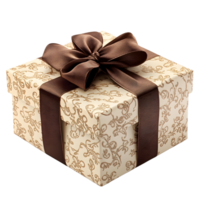Elegant cream gift box with ornate gold pattern and rich brown satin ribbon bow isolated on transparent background png