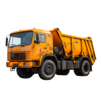 Grungy orange dump truck with a large cargo bed isolated on transparent background png