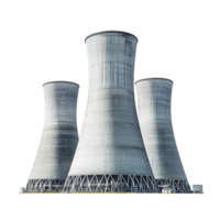 Three large industrial cooling towers emitting steam against a stark isolated on transparent background png