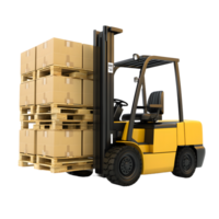 Yellow forklift truck lifting stack of cardboard boxes on wooden pallets isolated on transparent background png