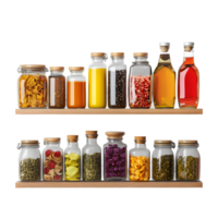 Collection of assorted food ingredients in glass jars on wooden shelves isolated on transparent background png