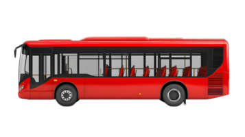 Modern red city bus with passenger seats visible isolated on transparent background png