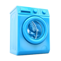 Modern shiny blue washing machine appliance with control panel and drum isolated on transparent background png