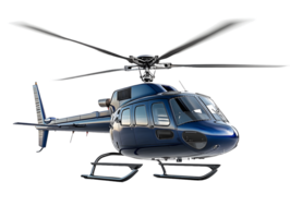 Sleek dark blue luxury helicopter with rotor blades and landing gear isolated on transparent background png