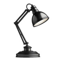 Classic black articulated desk lamp with adjustable arm and circular base isolated on transparent background png