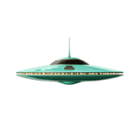 Retro futuristic teal flying saucer with gold accents and glowing lights isolated on transparent background png