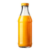 Glass bottle filled with bright orange juice and a yellow cap isolated on transparent background png