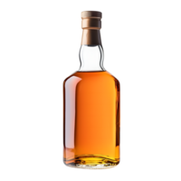 A clear glass bottle filled with amber colored liquid isolated on transparent background png