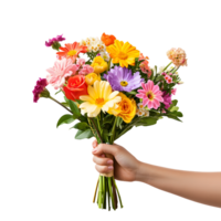 Hand holding a colorful bouquet of mixed flowers isolated on transparent background png