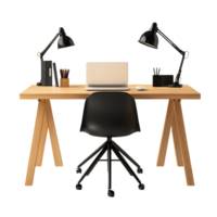 Modern wooden desk with laptop chair and desk lamps isolated on transparent background png