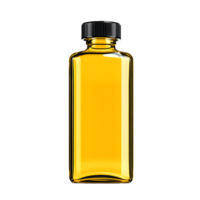 A clear glass bottle filled with golden yellow liquid and a black cap isolated on transparent background png