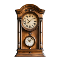 Antique wooden grandfather clock with roman numerals and a secondary dial isolated on transparent background png