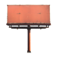 Weathered orange billboard structure with metal frame and wooden supports isolated on transparent background png