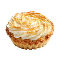 Golden baked tart with creamy swirl topping and powdered sugar isolated on transparent background png
