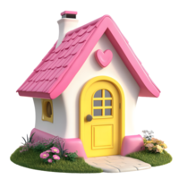 Charming cartoon house with pink roof and yellow door decorated with a heart isolated on transparent background png