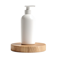 Minimalist white pump bottle with a modern wooden base isolated on transparent background png