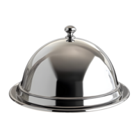 A polished silver cloche or food cover with a rounded lid and handle isolated on transparent background png