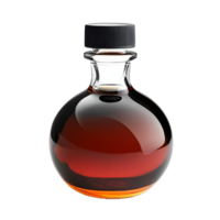A round glass bottle filled with amber liquid and a black screw cap isolated on transparent background png