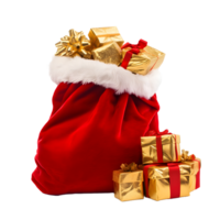 Santa claus red velvet sack overflowing with shiny gold christmas presents and red ribbons isolated on transparent background png