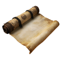 Ancient rolled parchment scroll with ornate decorative bands and a circular emblem isolated on transparent background png
