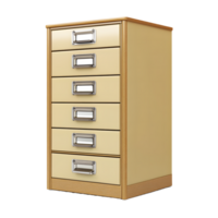 A vintage style wooden filing cabinet with six drawers and metal label holders isolated on transparent background png