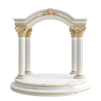 Elegant white marble archway with golden corinthian columns and tiered pedestal isolated on transparent background png