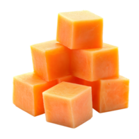 Pile of freshly cut orange papaya cubes isolated on transparent background png