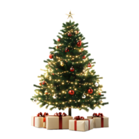 Festive christmas tree decorated with lights ornaments and gifts isolated on transparent background png