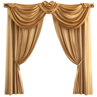 Elegant gold silk stage curtains with ornate swag valance and tiebacks isolated on transparent background png