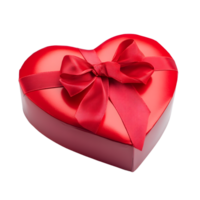 Shiny red heart shaped gift box with a beautiful satin ribbon bow isolated on transparent background png