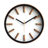 Modern minimalist wall clock with wooden hour markers and black hands isolated on transparent background png