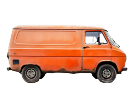Old orange cargo van with visible rust and wear isolated on transparent background png