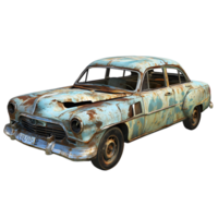 Vintage rusted blue sedan car with broken windows and peeling paint isolated on transparent background png