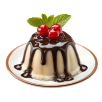 Delicious panna cotta dessert with chocolate sauce cherries and mint leaves isolated on transparent background png
