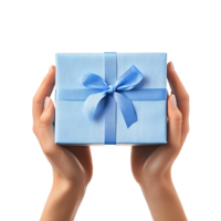Hands holding a light blue gift box with a satin ribbon and bow isolated on transparent background png